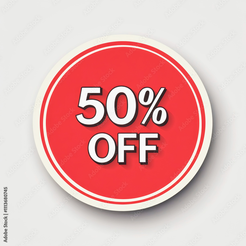 Bold red sticker indicating half-price discount for promotions and sales events Bold red sticker indicating half-price discount for promotions and sales events
