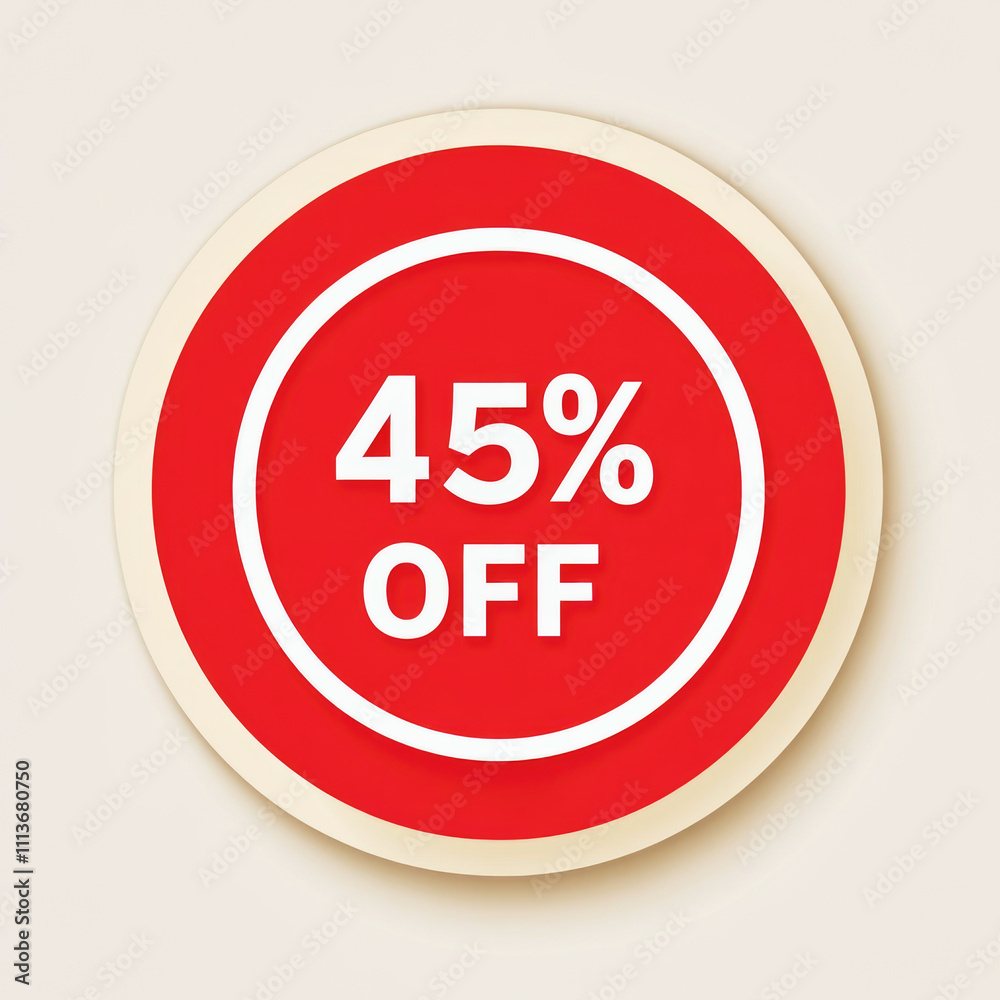 Red discount sticker displaying 45% off in a minimalistic design on a neutral background Red discount sticker displaying 45% off in a minimalistic design on a neutral background