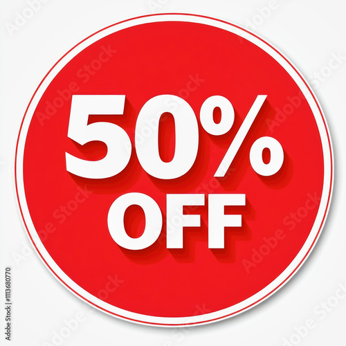 Red circular sticker showing fifty percent off discount in a minimalistic design photo