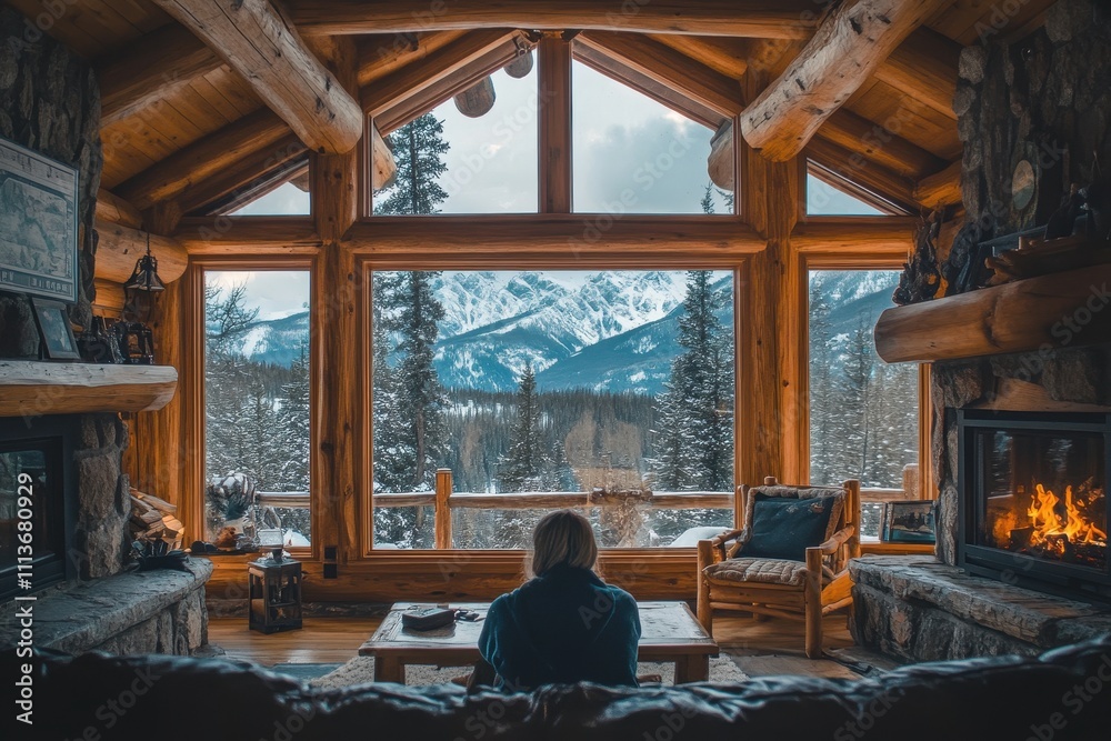 Cozy cabin with large windows showcasing a stunning snowy mountain vista. Perfect for illustrating winter getaways, relaxation, and the beauty of nature. Cozy cabin with large windows showcasing a stunning snowy mountain vista. Perfect for illustrating winter getaways, relaxation, and the beauty of nature.