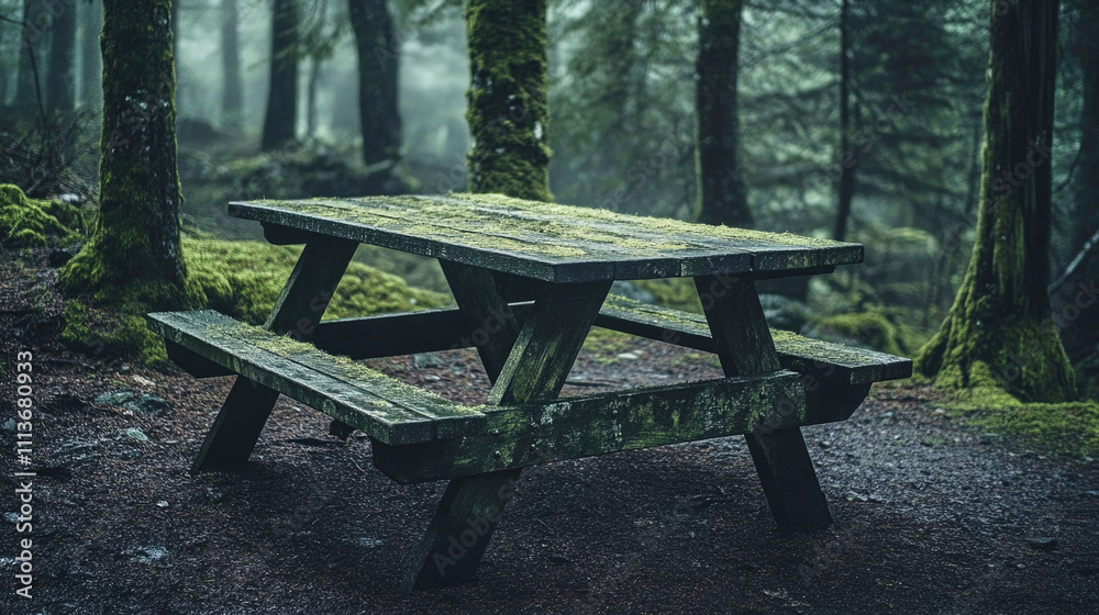 Wooden picnic table in a misty forest with mossy surfaces creating a vintage atmosphere Wooden picnic table in a misty forest with mossy surfaces creating a vintage atmosphere