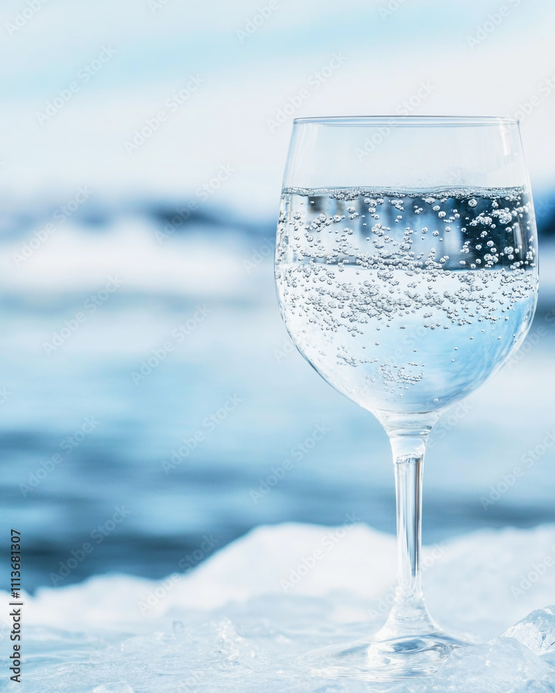 Chilled mineral water glass with bubbles reflecting winter skies on an icy surface Chilled mineral water glass with bubbles reflecting winter skies on an icy surface