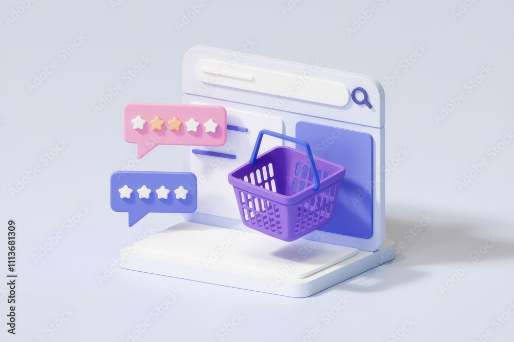 3D illustration of online shopping with ratings and a basket. 3D illustration of online shopping with ratings and a basket.