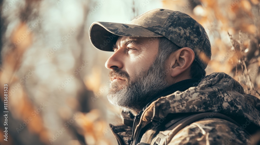 Mature man in camouflage hat and jacket, thoughtful expression in autumnal forest. Mature man in camouflage hat and jacket, thoughtful expression in autumnal forest.