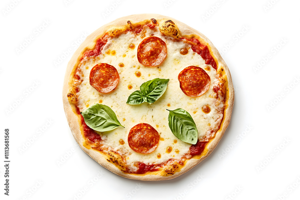 Delicious pizza with basil, tomatoes, mozzarella, isolated on white background Delicious pizza with basil, tomatoes, mozzarella, isolated on white background