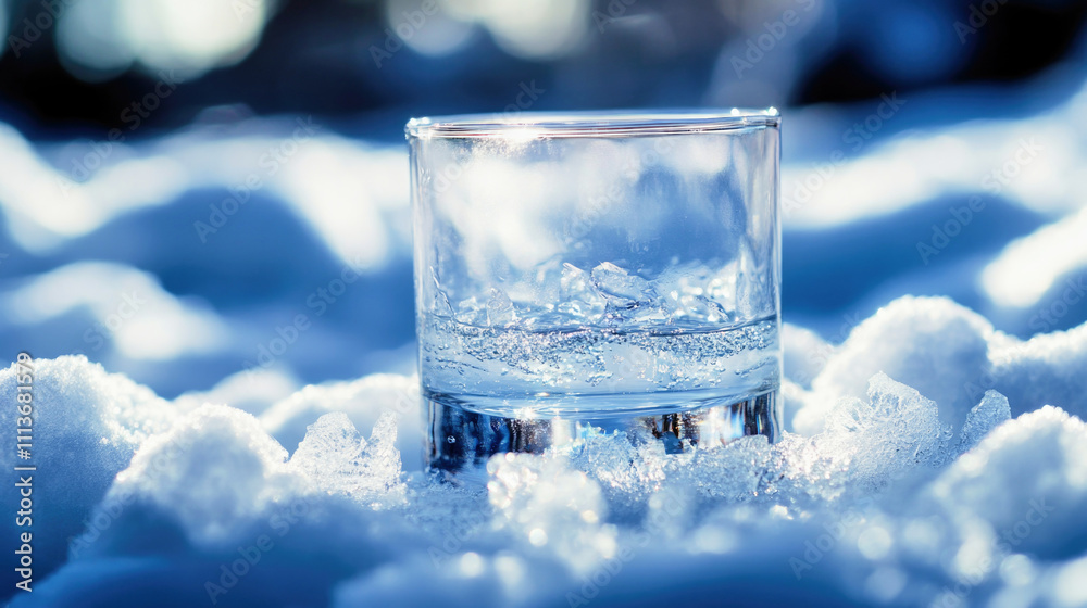 Sparkling mineral water glass resting on fresh snow with ice crystals around Sparkling mineral water glass resting on fresh snow with ice crystals around