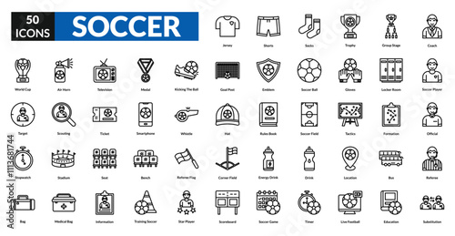 Soccer line icon collection set. Includes football, goal, player, field, ball, team, match, referee, kick, net, championship, sport, competition, defense, attack