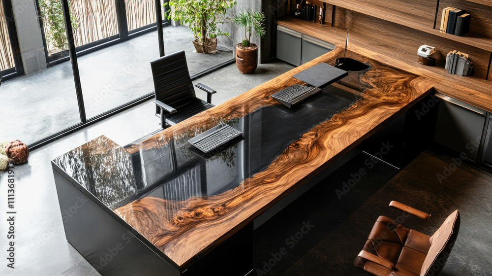 Elegant black epoxy resin workspace with walnut accents for modern office interiors