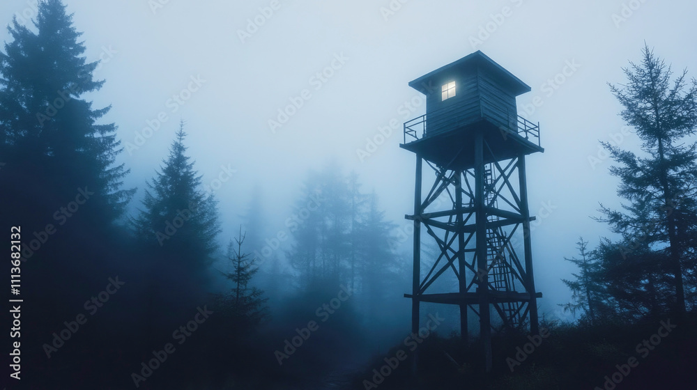 Eerie wooden lookout tower rises above foggy forest in haunting stillness Eerie wooden lookout tower rises above foggy forest in haunting stillness