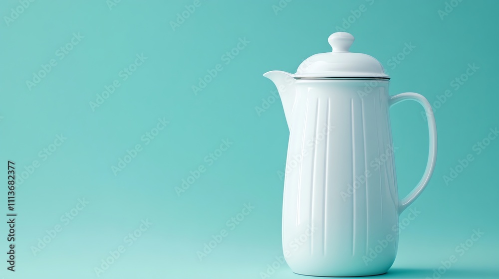 Fototapeta premium A white ceramic pitcher with a lid on a blue background.