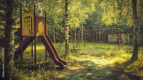Deserted playground overgrown with weeds in a radiation-contaminated exclusion zone