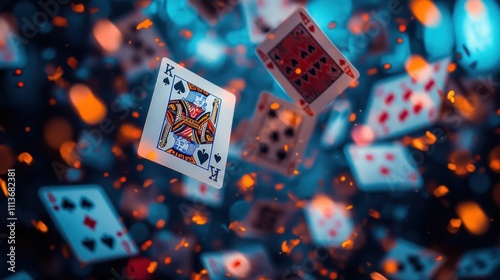 A Dramatic Spin of Playing Cards in Motion, Creating a Dynamic and Colorful Scene Amongst a Captivating Background of Sparks and Bokeh Effects