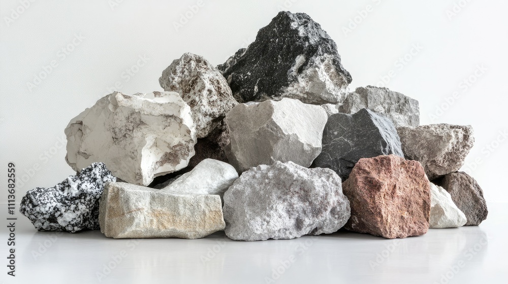 A pile of textured stones in various shades of gray and brown, set cleanly on a white surface. A pile of textured stones in various shades of gray and brown, set cleanly on a white surface.