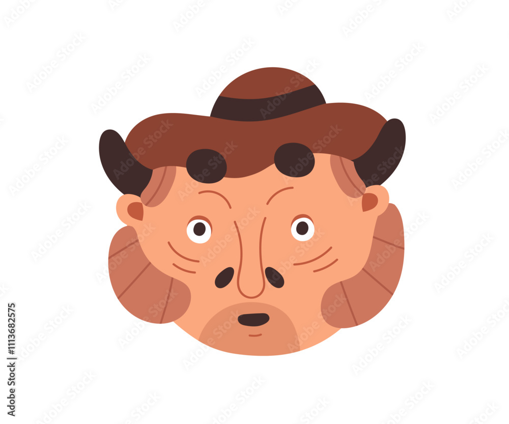 Obraz premium Devil character with horns, funny comic folklore face avatar. Curious surprised expression, mystic fantasy weird man in hat, head portrait. Flat vector illustration isolated on white background