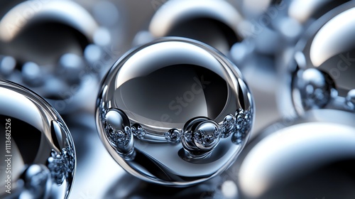 A close-up view of shiny, metallic spheres, reflecting the surrounding environment.