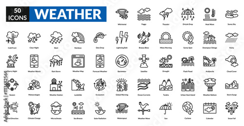 Weather line icon collection set. Includes sunshine, rain, storm, clouds, snow, temperature, wind, thunder, forecast, humidity, lightning, breeze, weather vane, precipitation, barometer