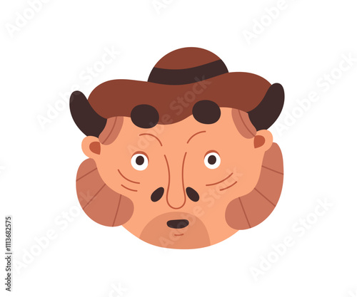 Devil character with horns, funny comic folklore face avatar. Curious surprised expression, mystic fantasy weird man in hat, head portrait. Flat vector illustration isolated on white background