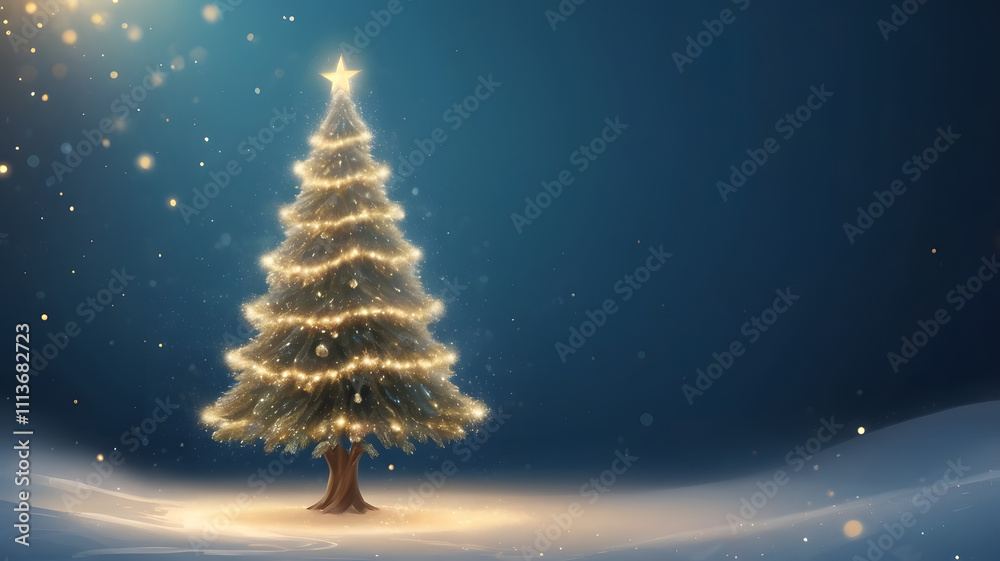 christmas tree with candles, golden christmas tree, christmas tree with stars and snowflakes, blue background, ai generated