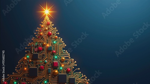 Circuit Board Christmas Tree - Festive Electronics, A unique Christmas tree constructed from a circuit board adorned with electronic components and twinkling lights.