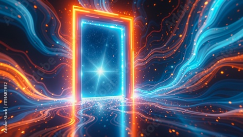 Cosmic Gateway Portal, A futuristic sci-fi portal glowing with blue and orange energy. Swirling lines and particles surround the doorway, leading into a starry cosmic background.