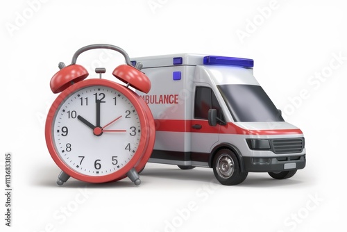 Red alarm clock next to white ambulance with blue lights. photo