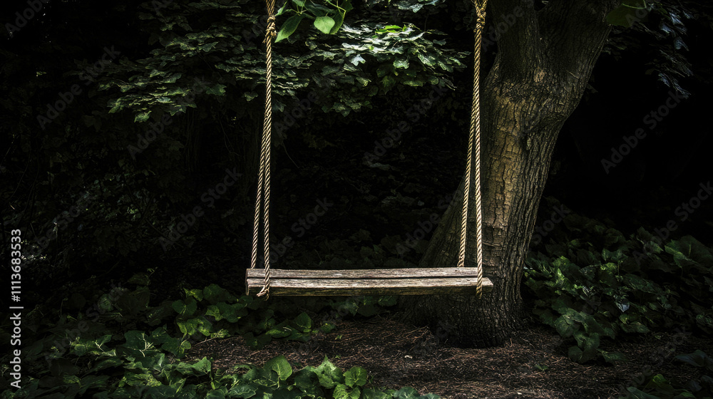Weathered swing hangs from ancient tree in dark forest setting Weathered swing hangs from ancient tree in dark forest setting