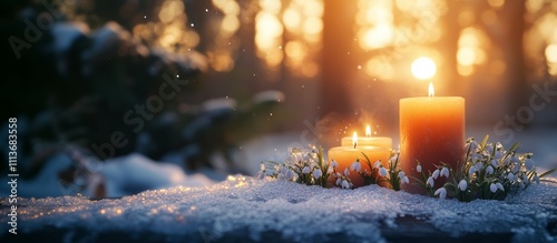 A serene Imbolc altar adorned with candles and snowdrops on a frost covered table during a soft morning light