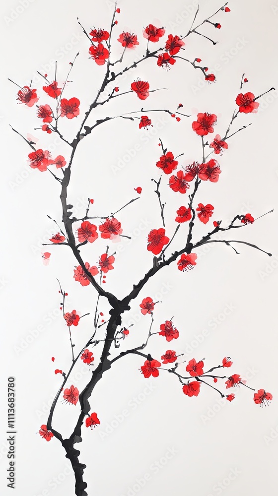Stunning Red Plum Blossom Painting - Exquisite Floral Art Stunning Red Plum Blossom Painting - Exquisite Floral Art
