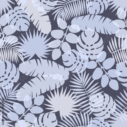 Seamless pattern with transparent tropical leaves on dark gray background. Many chaotic different palm and monstera leaves, overlay effect. Monochrome vector print for summer beach fabric design.