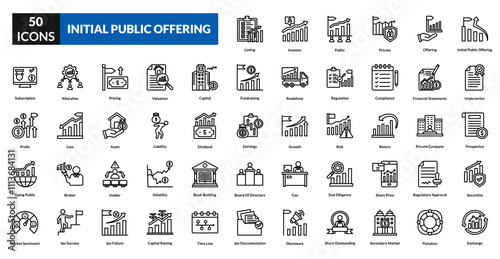 Initial public offering line icon collection set. Includes stock, investment, shares, capital, finance, equity, market, trading, growth, listing, valuation, investor, exchange, fundraising, business