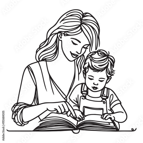 One continuous single drawing black line art doodle of a mother reading a storybook to her child