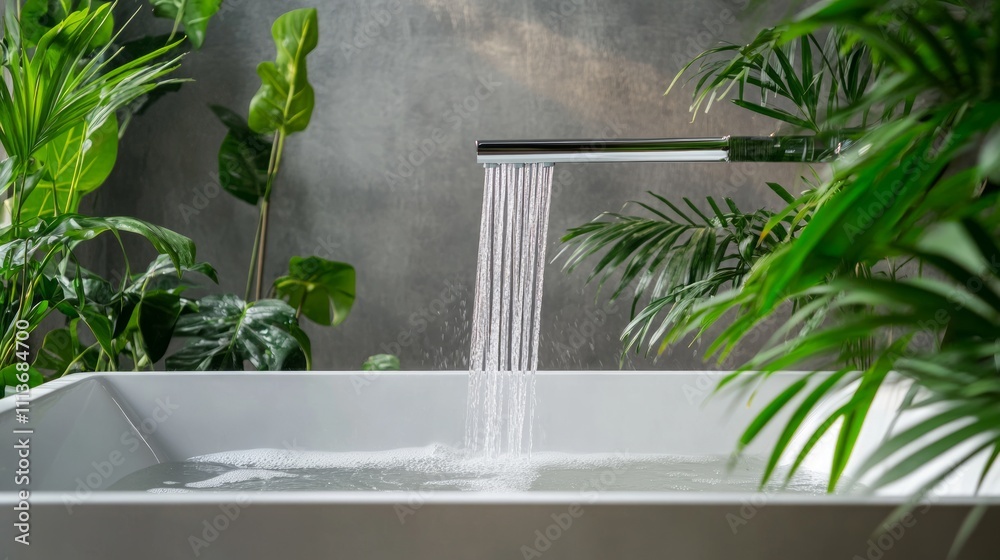 Modern bathtub with water flowing, surrounded by lush greenery, against a textured wall. Modern bathtub with water flowing, surrounded by lush greenery, against a textured wall.