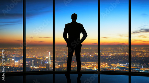 Contemplative businessman silhouette gazing at city skyline during twilight hours