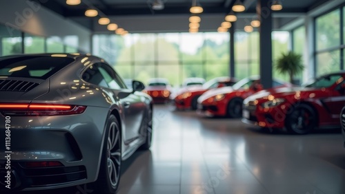 Car showroom with a magnificent view of the cars for sale. Car dealer with many cars indoors	