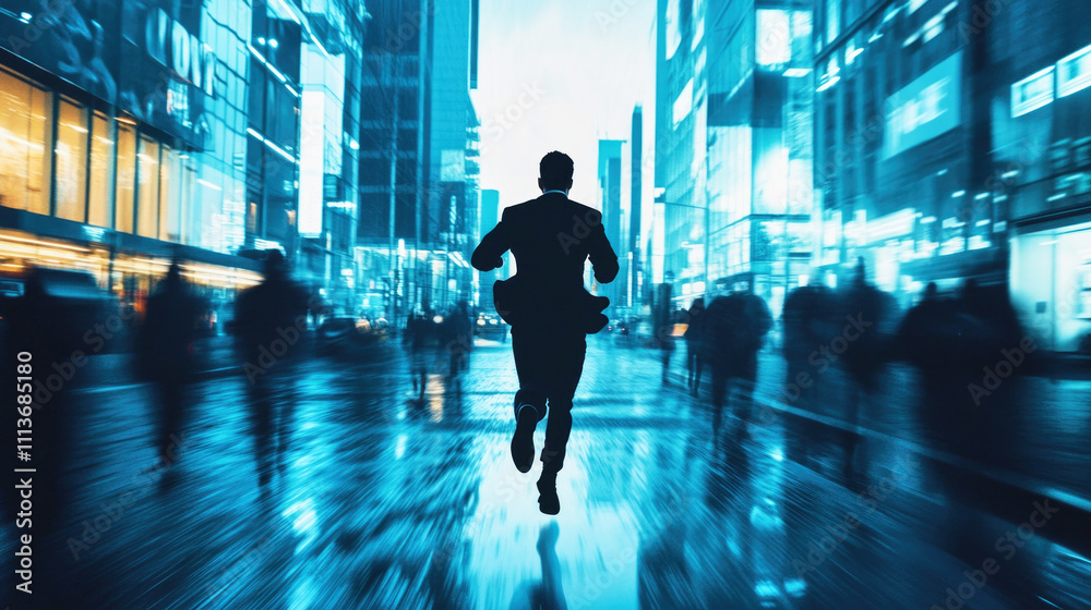 Businessman runs briskly through a vibrant city street, embodying competitive spirit and urgency Businessman runs briskly through a vibrant city street, embodying competitive spirit and urgency