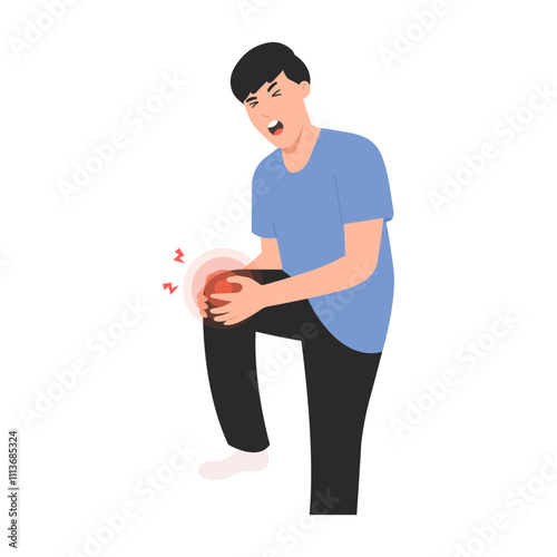 Flat vector illustration of a man grimacing in pain while holding knee.