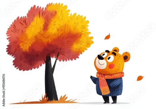 An autumn scene with a bear, illustrated in watercolor, featuring a tree and scattered leaves. photo