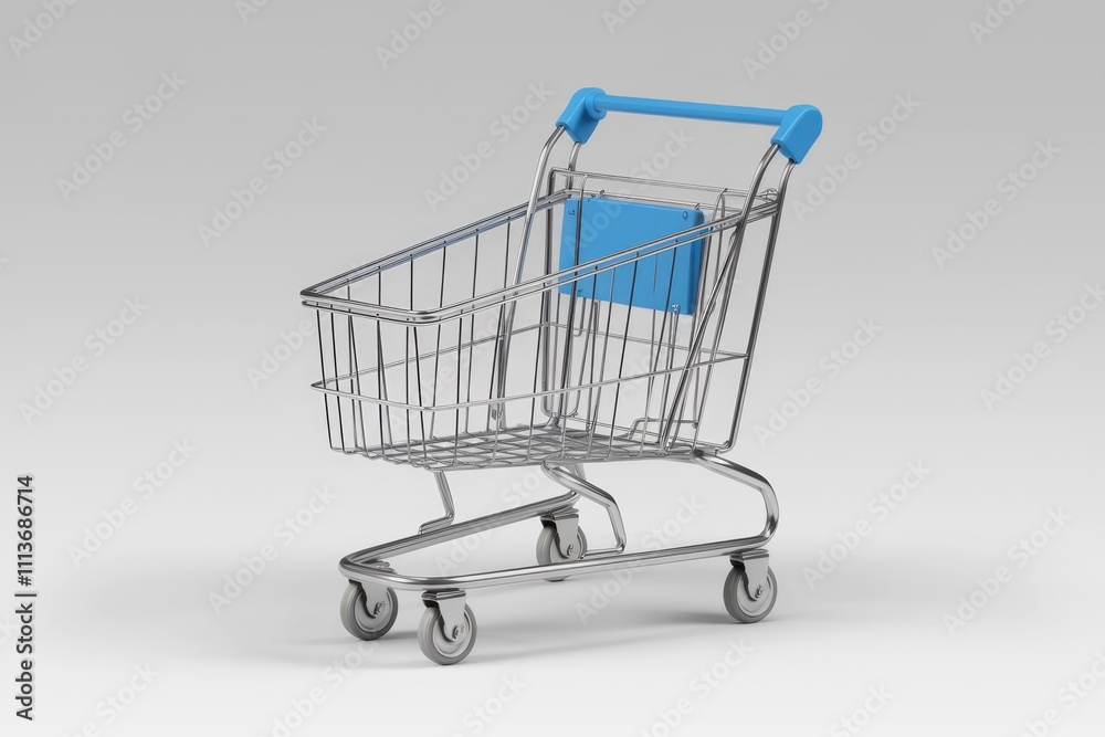 A chrome shopping cart with blue handle on a white background. A chrome shopping cart with blue handle on a white background.