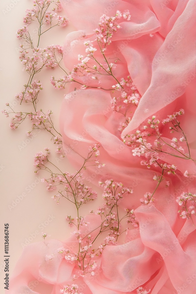 Fototapeta premium Soft Pink Scarf and Delicate Gypsophila Flowers on Pastel Beige Background