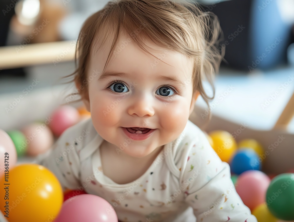 A baby in a playpen filled with colorful, nontoxic balls A baby in a playpen filled with colorful, nontoxic balls