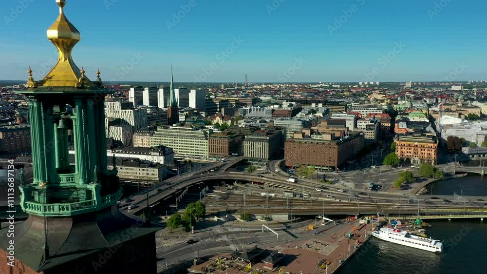 Camera moving closer to stockholm city hall tower