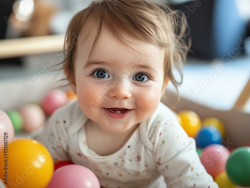A baby in a playpen filled with colorful, nontoxic balls