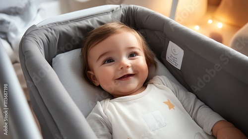 A baby lying in a convertible crib with adjustable heights