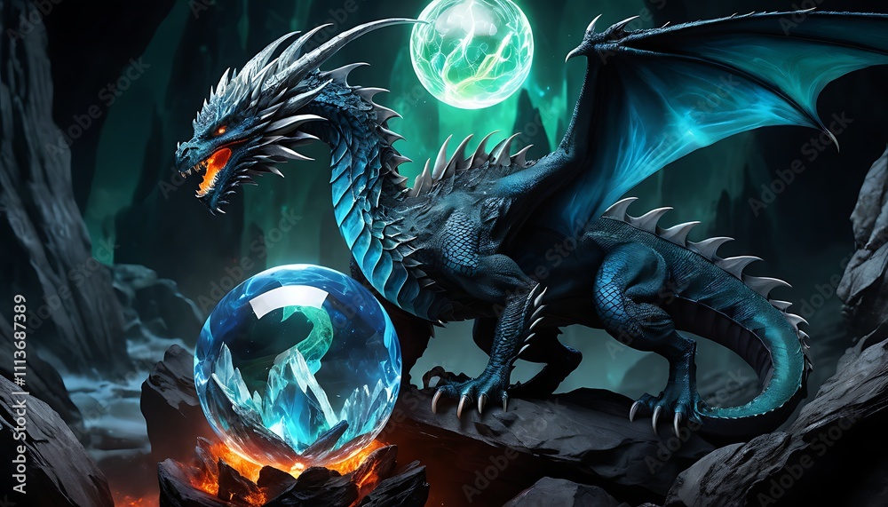 Fototapeta premium a dragon with a green background and a globe with the number 2 on it.