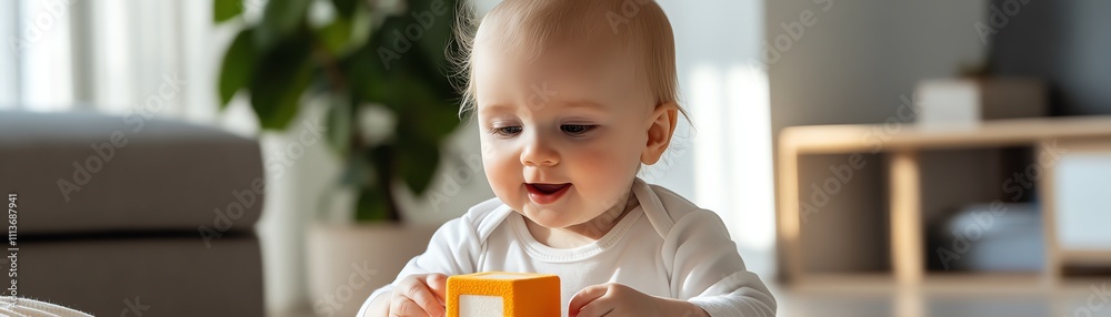 A baby playing with a soft, textured cube toy A baby playing with a soft, textured cube toy