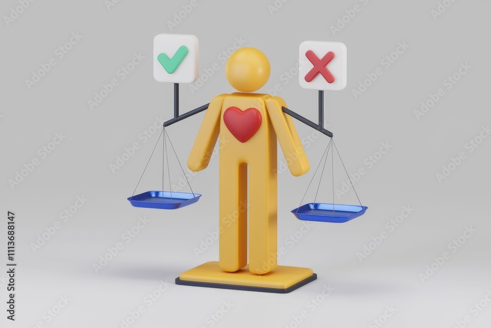 A yellow figure with a heart stands on a scale with check and cross symbols above. A yellow figure with a heart stands on a scale with check and cross symbols above.