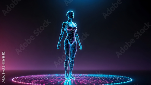 Holographic 3D rendered human body. X-ray image of human body made of glowing wire frame standing in digital field. Neon colored gradient background.