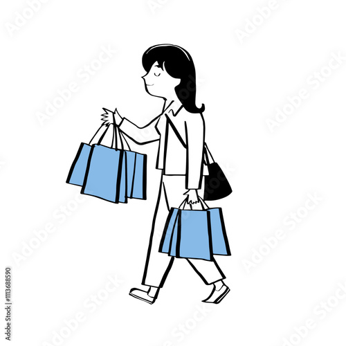 Shopping Day. Minimalist Notion Style Illustration of a Woman Holding Shopping Bags.