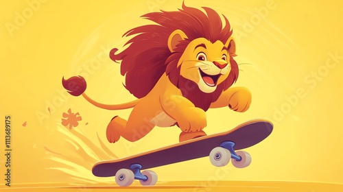 A happy lion cub with a mane riding a skateboard. photo