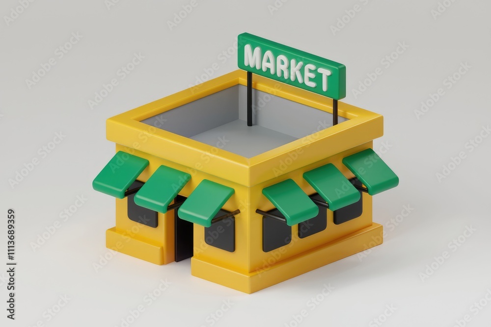 A 3D model of a yellow store with green awnings and a sign that says MARKET A 3D model of a yellow store with green awnings and a sign that says MARKET